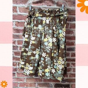 Kommotion NY Floral A-Line Midi Skirt Brown – Women’s Medium Belted Cotton